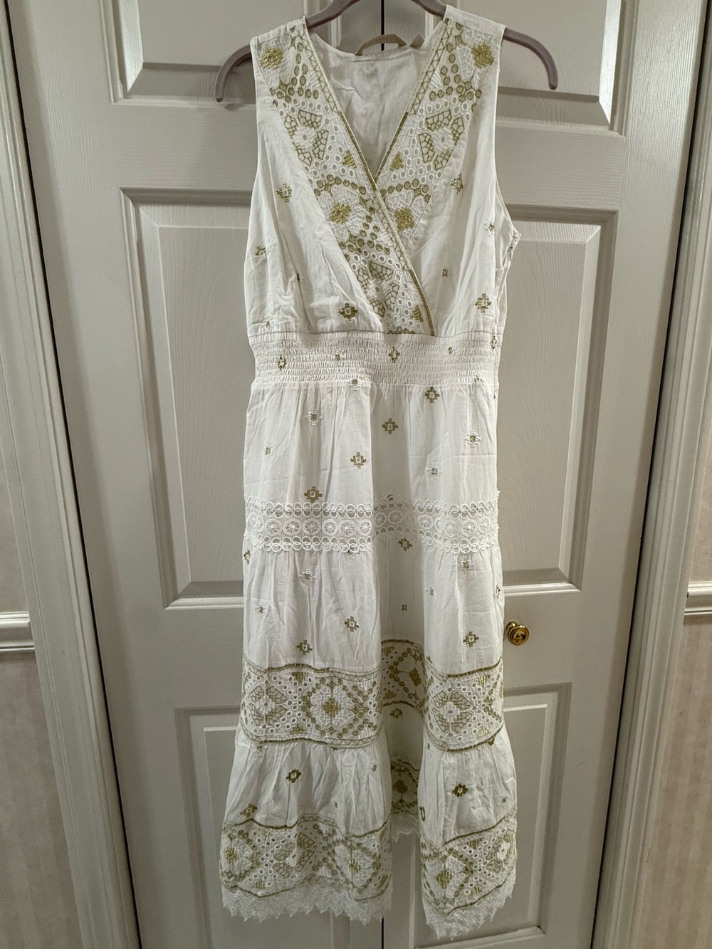 Soft Surroundings PS Petite Small White Gold Embroidered Cotton Midi Dress Boho